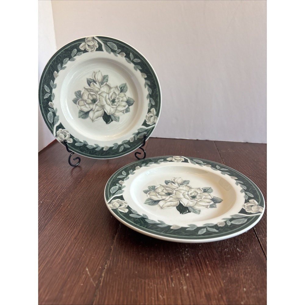 Tienshan Magnolia Belle Stoneware Salad Plates Set of 2 Green White Floral 8.25"